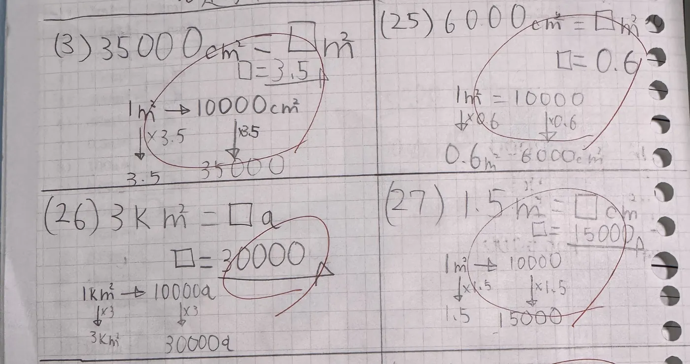 DG生の実際のノート。35000cm²=□m² などの単位換算を、1m²→10000cm² の矢印の図と途中式で解き、赤で丸がついている